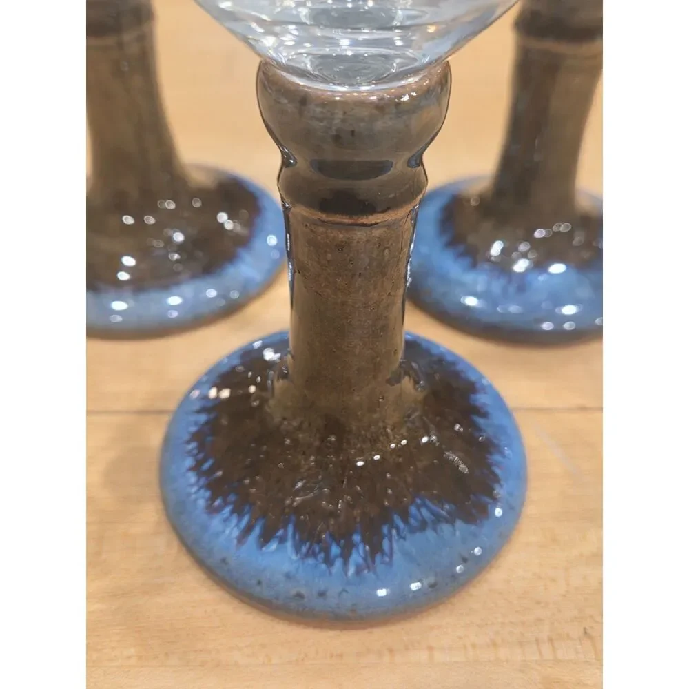 Set of 3 Vintage Studio Pottery Stoneware Wine Glasses Blue Brown Drip Stem